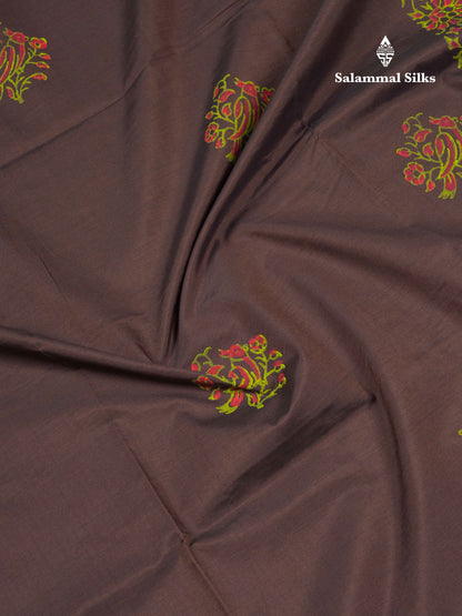 Brown South Cotton Printed Saree With Contrast Orange Blouse