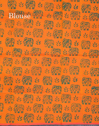 Brown South Cotton Printed Saree With Contrast Orange Blouse