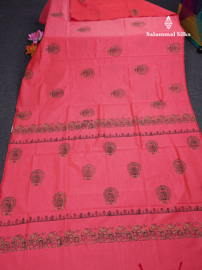 Pink South Cotton Printed Saree With Contrast Sapphire Green Blouse