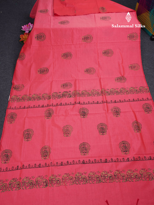 Pink South Cotton Printed Saree With Contrast Sapphire Green Blouse