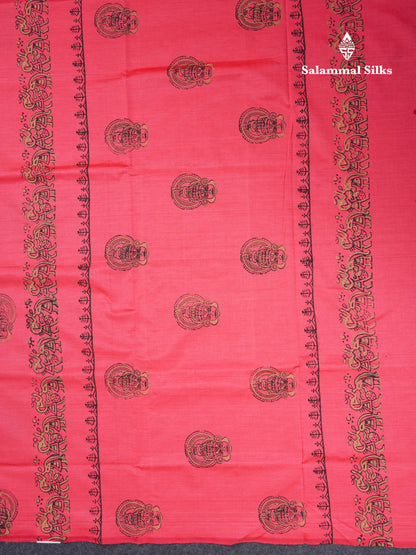 Pink South Cotton Printed Saree With Contrast Sapphire Green Blouse
