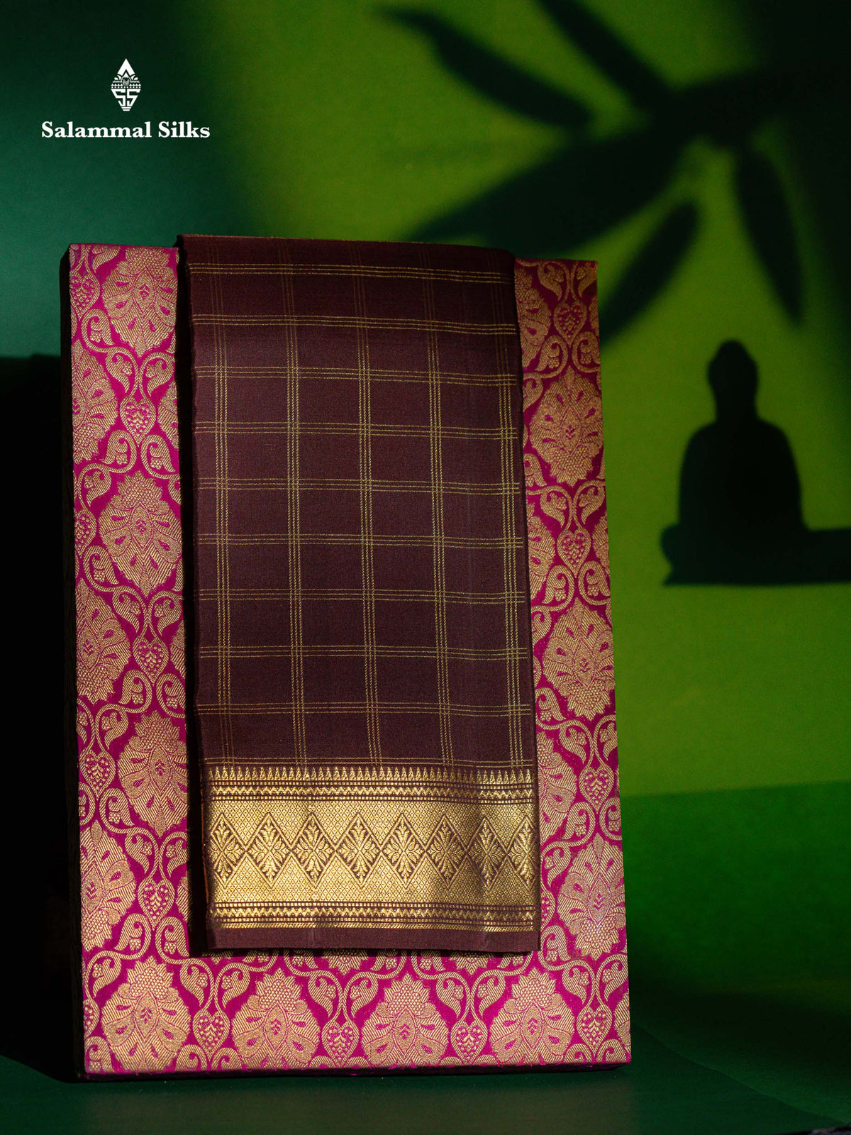 Dark Brown Zari Checks Pure Kanjivaram Silk Saree With Traditional Border