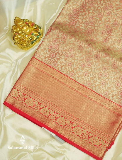 Light Orange Tissue Bridal Pure Kanjivaram Silk Saree With With Contrast Red Border