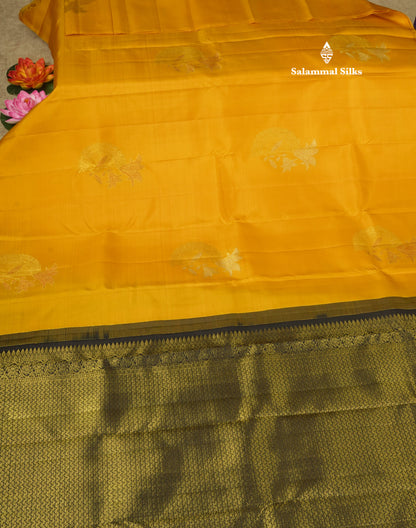 Mustard Yellow Fancy Pure Kanjivaram Silk Saree with Contrast Blouse