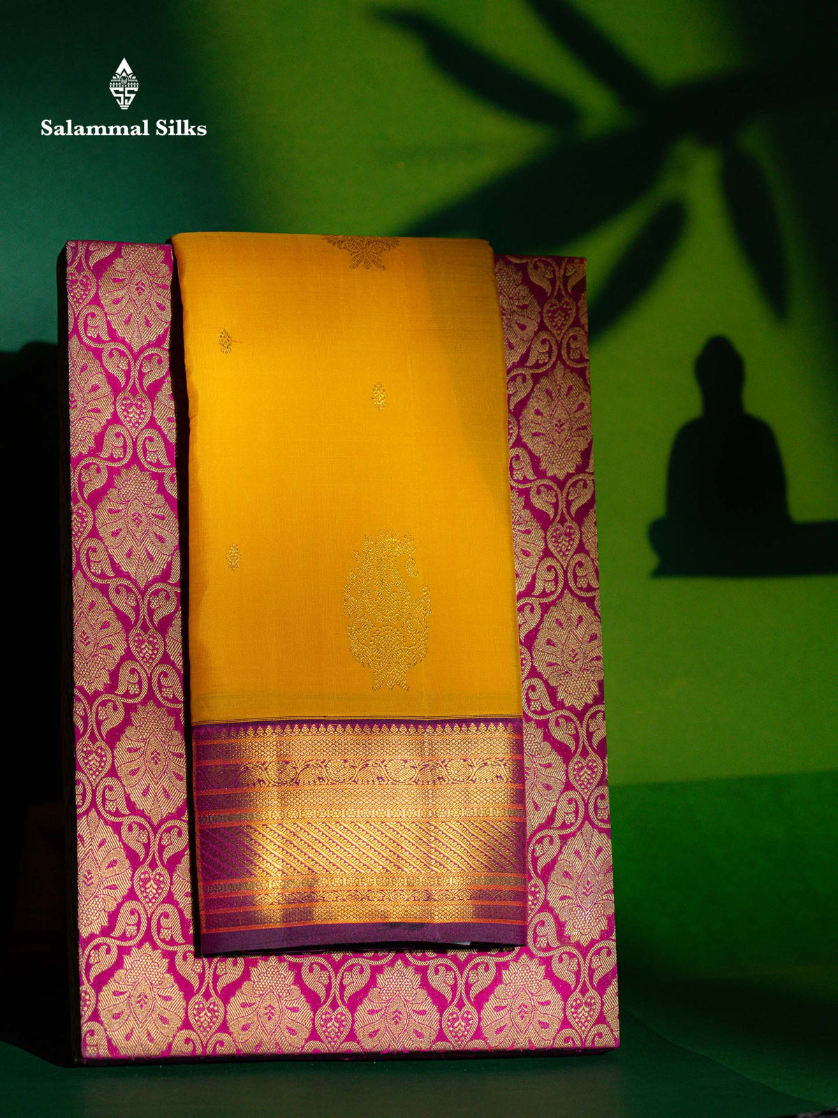 Mustard Yellow Pure Kanjivaram Silk Saree With Contrast Dark Purple Traditional Border