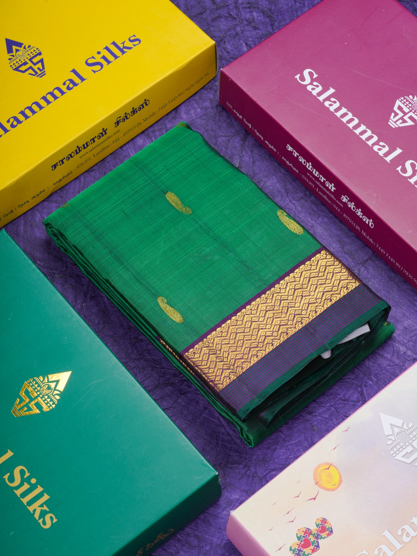 Olive Mustard Yellow Pure Kanjivaram Silk Saree With Contrast Dark Purple Traditional Border