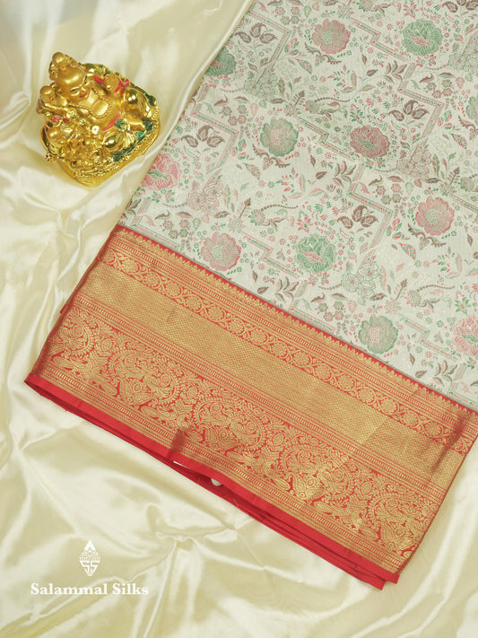 Beautiful Meenakari work White Bridal Pure Kanjivaram Silk Saree With Contrast Chilly Red Border