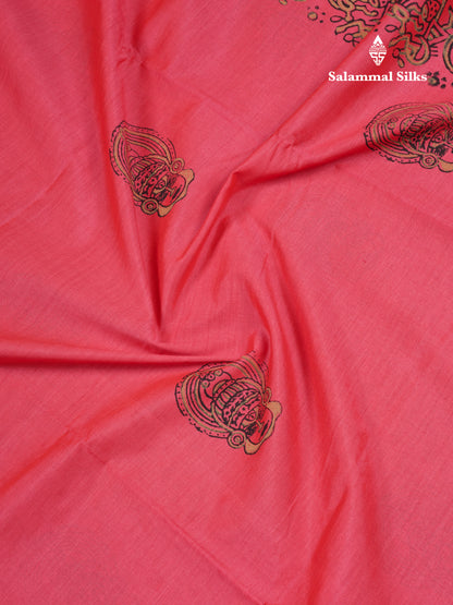 Pink South Cotton Printed Saree With Contrast Sapphire Green Blouse