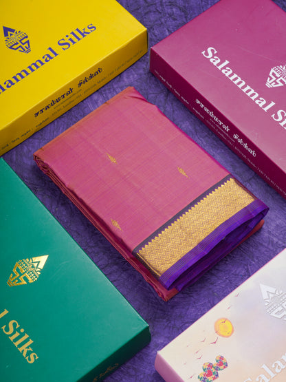 Mustard Yellow Pure Kanjivaram Silk Saree With Contrast Dark Purple Small Traditional Border