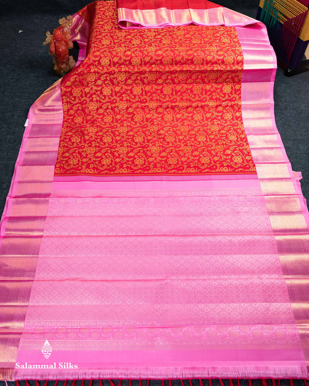 Korvai Beautiful Chilly Red Pure Kanjivaram Silk Saree Pure Zari With Contrast Light Pink Traditional Border