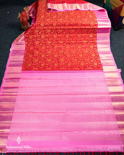 Korvai Beautiful Chilly Red Pure Kanjivaram Silk Saree Pure Zari With Contrast Light Pink Traditional Border