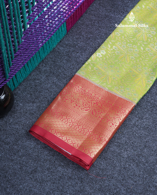 Semi Silk Pattu Pavadai (Parrot Green) With Chilly Red Blouse 21"