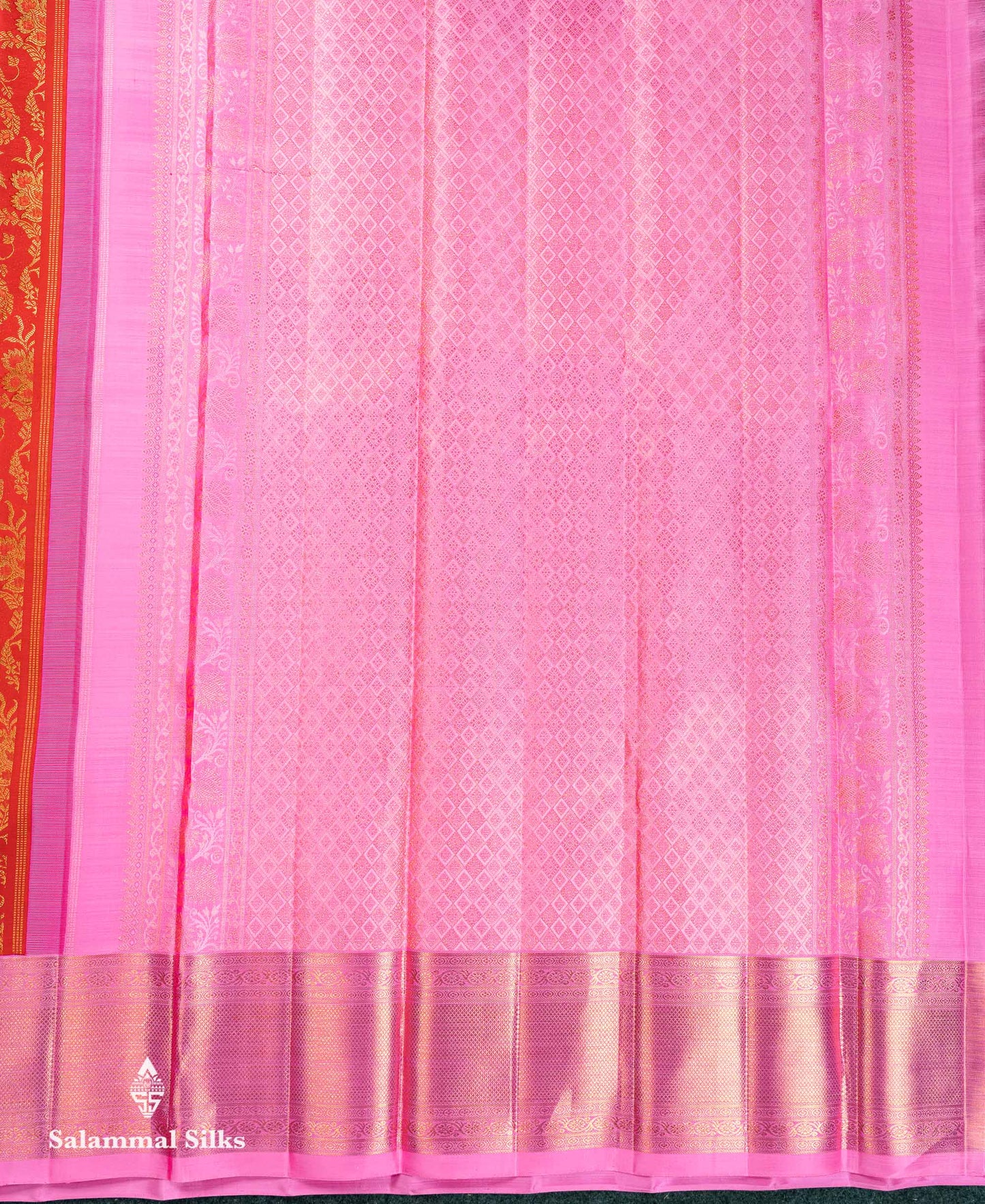 Korvai Beautiful Chilly Red Pure Kanjivaram Silk Saree Pure Zari With Contrast Light Pink Traditional Border