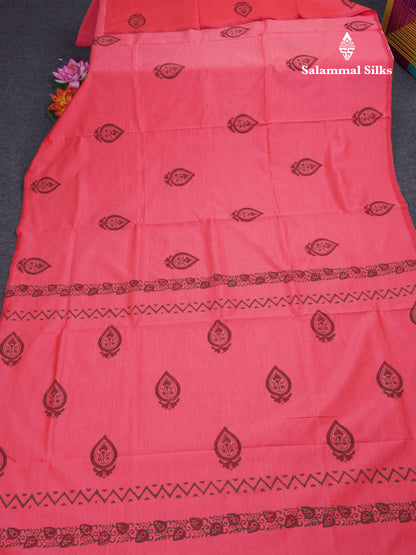 Pink South Cotton Printed Saree With Contrast Dark Brown Blouse