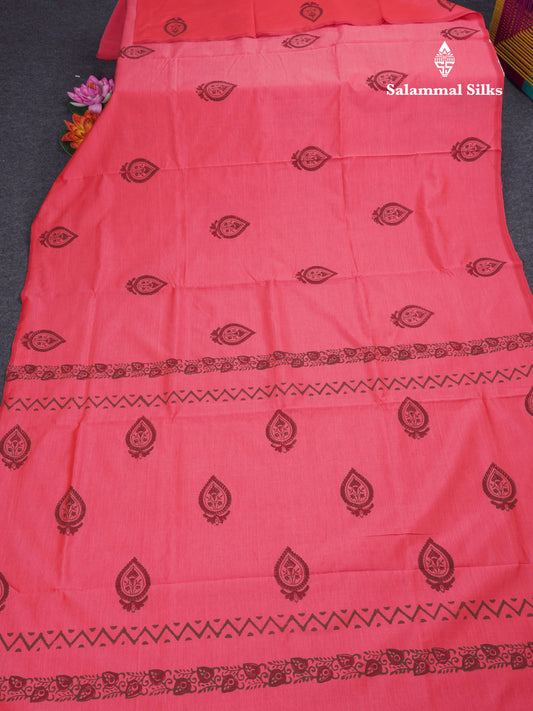 Pink South Cotton Printed Saree With Contrast Dark Brown Blouse