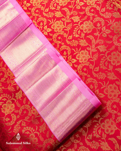 Korvai Beautiful Chilly Red Pure Kanjivaram Silk Saree Pure Zari With Contrast Light Pink Traditional Border