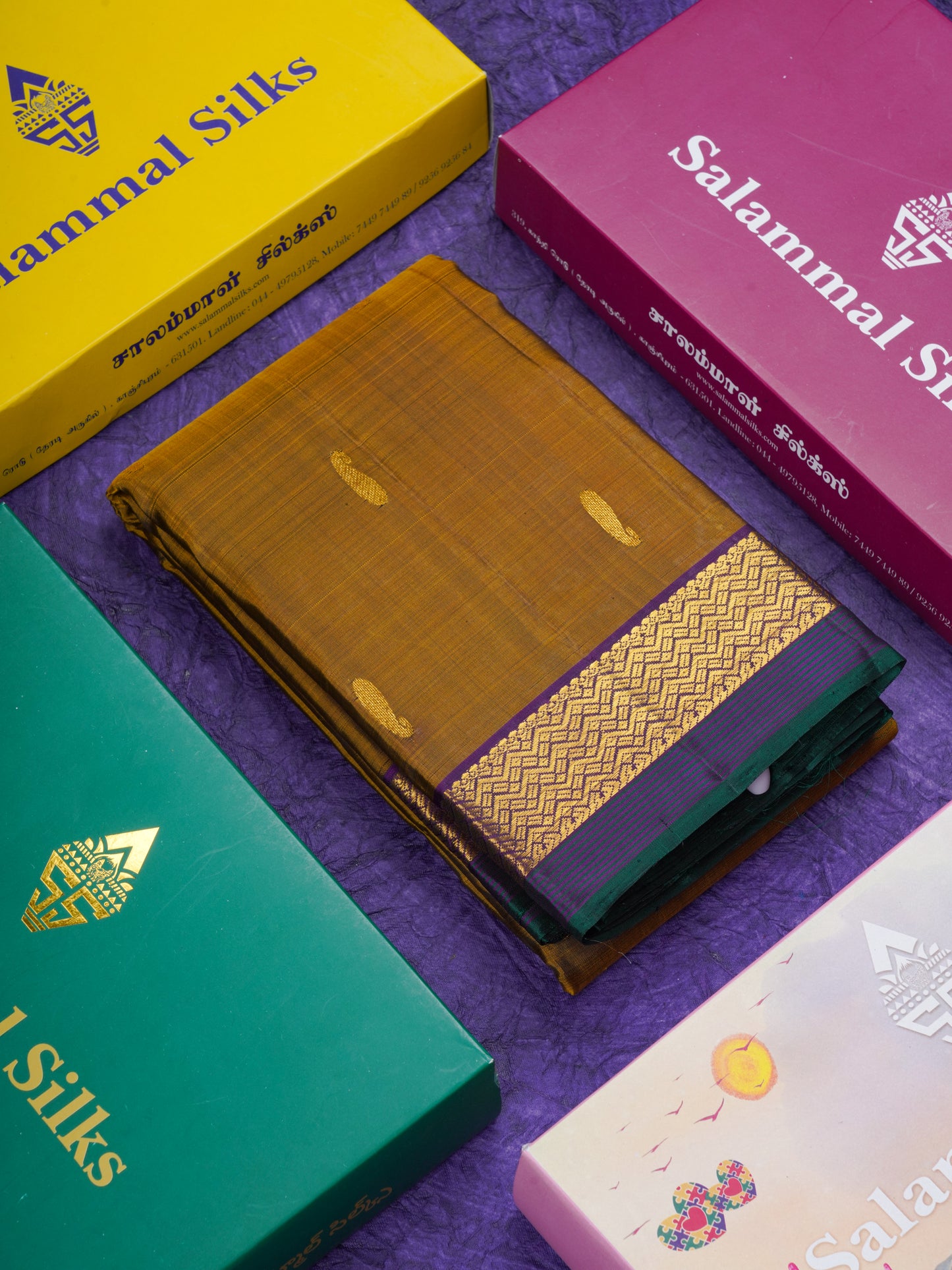 Olive Mustard Yellow Pure Kanjivaram Silk Saree With Contrast Dark Purple Traditional Border