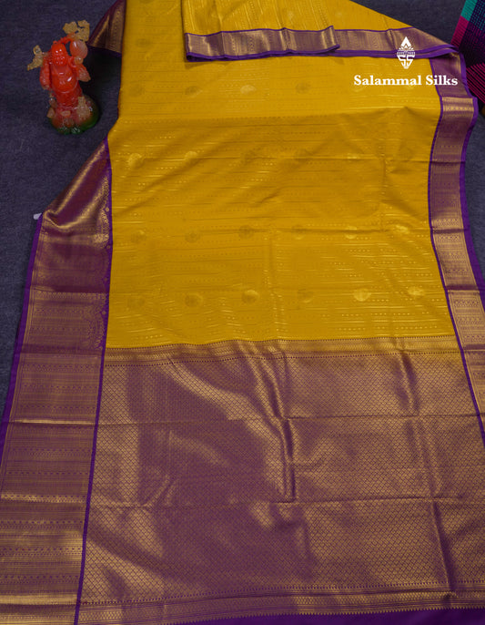 Beautiful Mustard Yellow Semi Silk Saree With Contrast Dark Purple Traditional Evening Morning Border