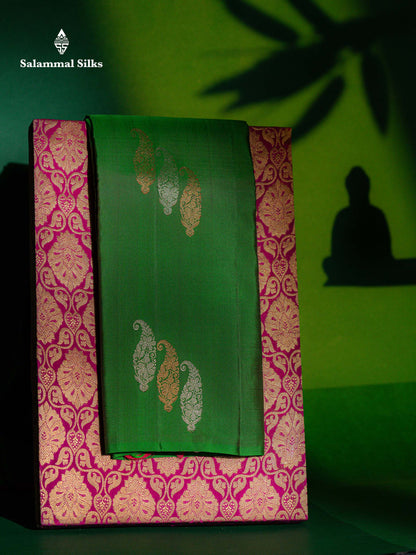 Beautiful Dual Tone Green Fancy Pure Kanjivaram Silk Saree With Contrast Dual Tone Maroon Blouse