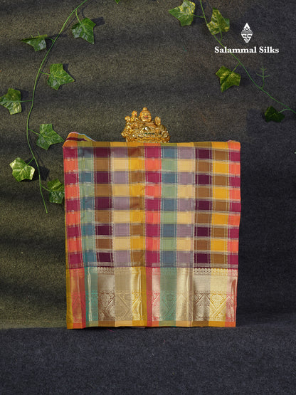 Beautiful Pure Silk Pattu Pavadai Checks (Multicolour) With Contrast Cream Yellow Blouse 18"