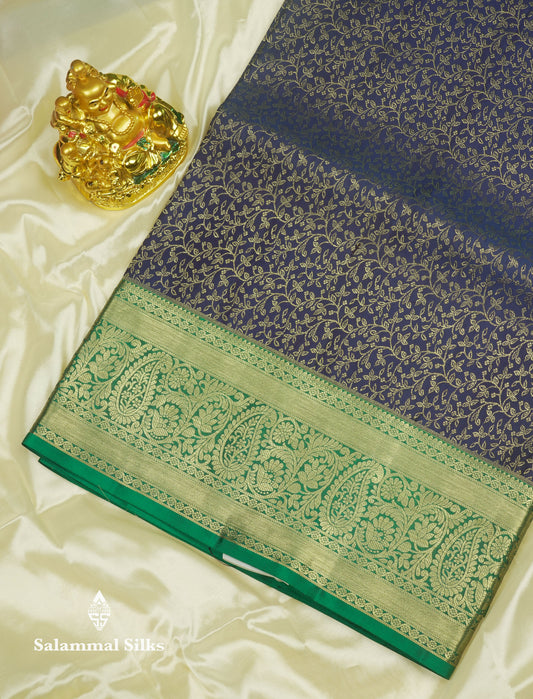 Navy Blue Bridal Pure Kanjivaram Silk Saree With Contrast Saffire Green Border