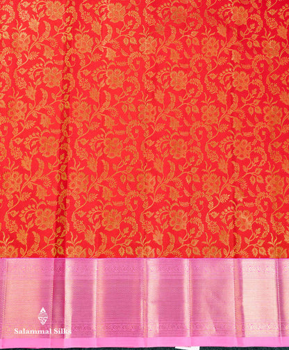 Korvai Beautiful Chilly Red Pure Kanjivaram Silk Saree Pure Zari With Contrast Light Pink Traditional Border