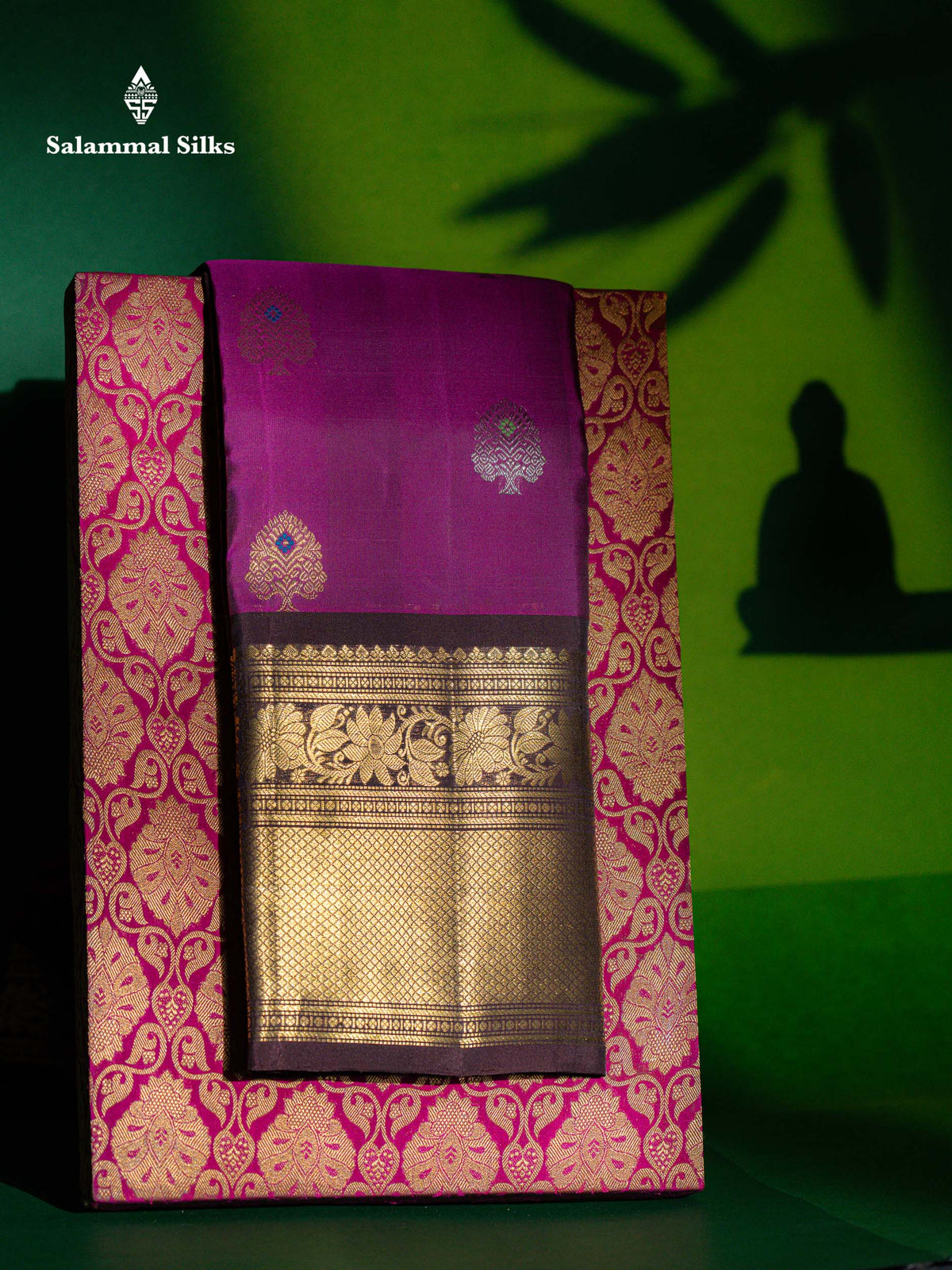 Beautiful Dual Tone Magenta Silver & Gold Zari Buttas With Menakari Work Pure Kanjivaram Silk Saree With Contrast Dark Brown Traditional Evening Morning Border