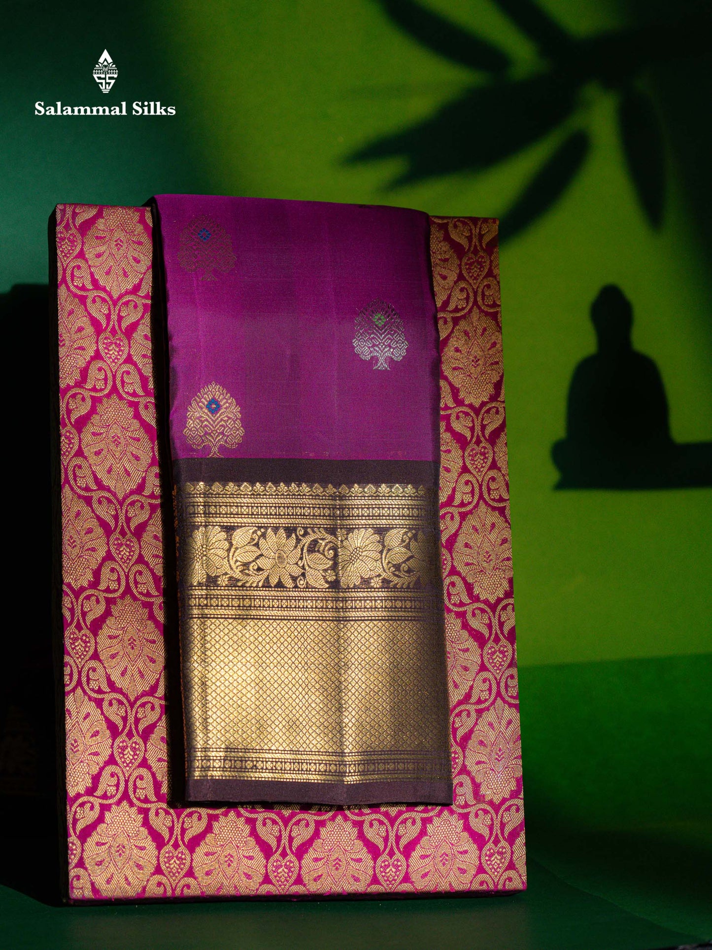 Beautiful Dual Tone Magenta Silver & Gold Zari Buttas With Menakari Work Pure Kanjivaram Silk Saree With Contrast Dark Brown Traditional Evening Morning Border