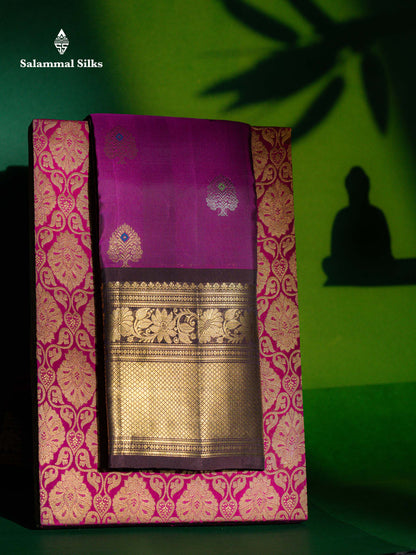 Beautiful Dual Tone Magenta Silver & Gold Zari Buttas With Menakari Work Pure Kanjivaram Silk Saree With Contrast Dark Brown Traditional Evening Morning Border