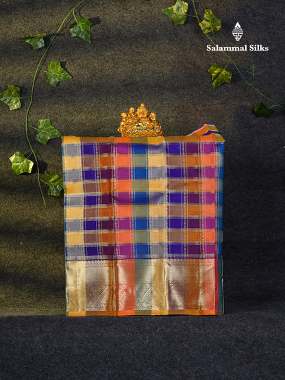 Beautiful Pure Silk Pattu Pavadai Checks (Multicolour) With Contrast Cream Yellow Blouse 18"