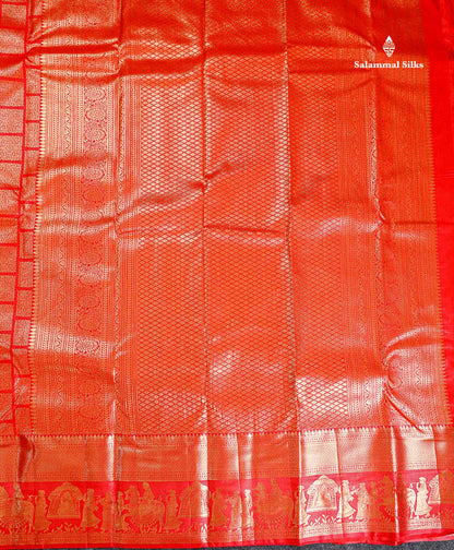 Semi Silk Saree - Chilly Red Checks Pattern Saree Along With Traditional Evening Morning Pallakku Border