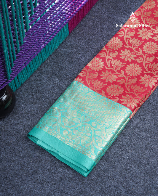 Semi Silk Pattu Pavadai ( Chilly Red ) With Sapphire Green Blouse 21"