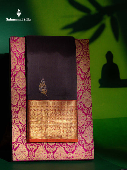 Dark Brown Pure Kanjivaram Silk Saree With Contrast Rust Orange Traditional Border