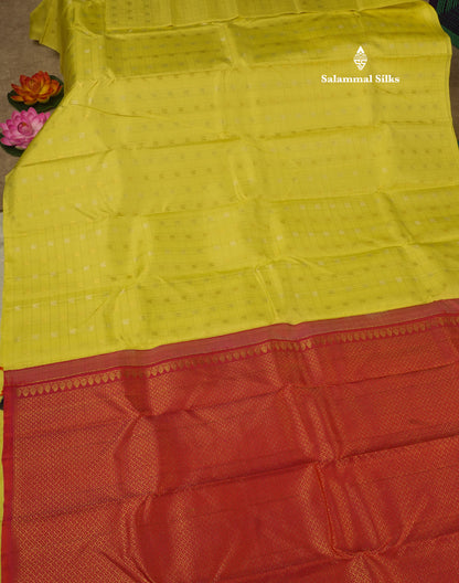 Lemon Yellow Zari Small Checks Pure Kanjivaram Silk Saree with Contrast Blouse