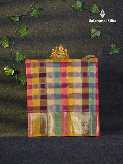 Beautiful Pure Silk Pattu Pavadai Checks (Multicolour) With Contrast Cream Yellow Blouse 18"