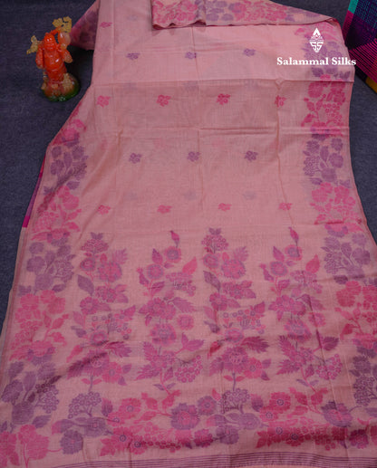 Beautiful Dark Peach Muga Cotton Saree With Contrast Maroon Blouse