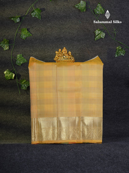 Beautiful Pure Silk Pattu Pavadai Checks (Multicolour) With Contrast Cream Yellow Blouse 18"