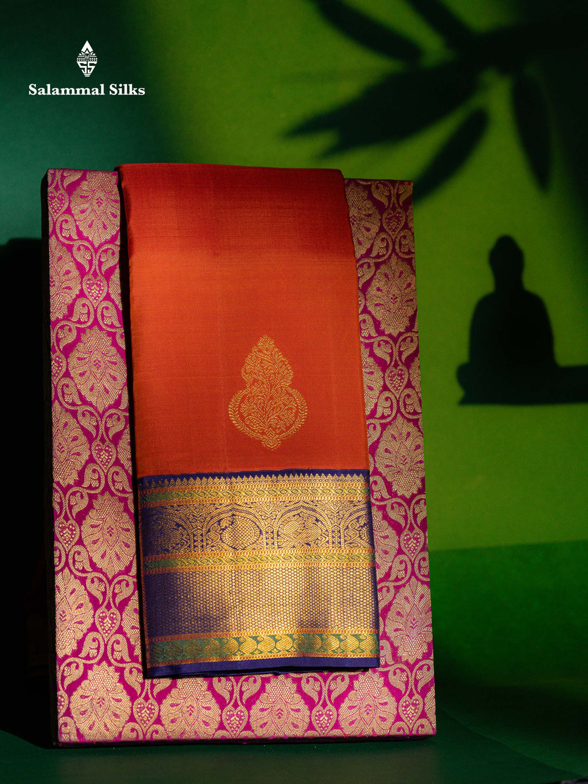 Koravi Rust Orange Pure Kanjivaram Silk Saree With Contrast Navy Blue Traditional Evening Morning Border