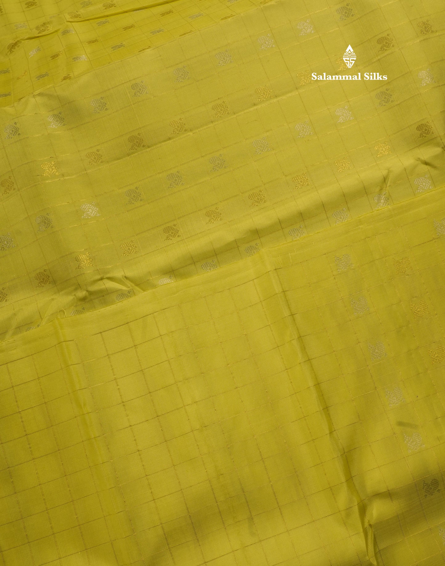 Lemon Yellow Zari Small Checks Pure Kanjivaram Silk Saree with Contrast Blouse