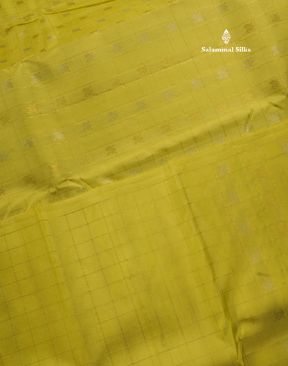 Lemon Yellow Zari Small Checks Pure Kanjivaram Silk Saree with Contrast Blouse