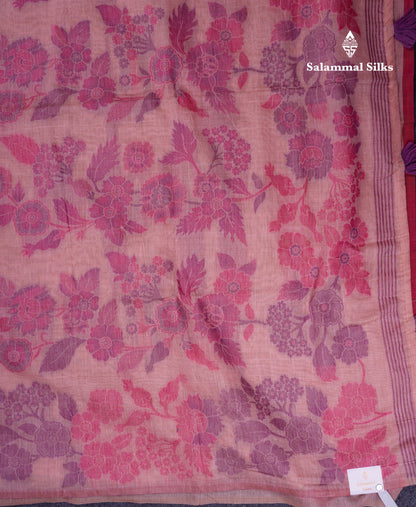 Beautiful Dark Peach Muga Cotton Saree With Contrast Maroon Blouse