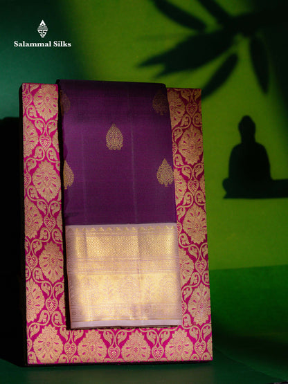 Korvai Dark Purple Pure Kanjivaram Silk Saree With Contrast Baby Pink Traditional Border