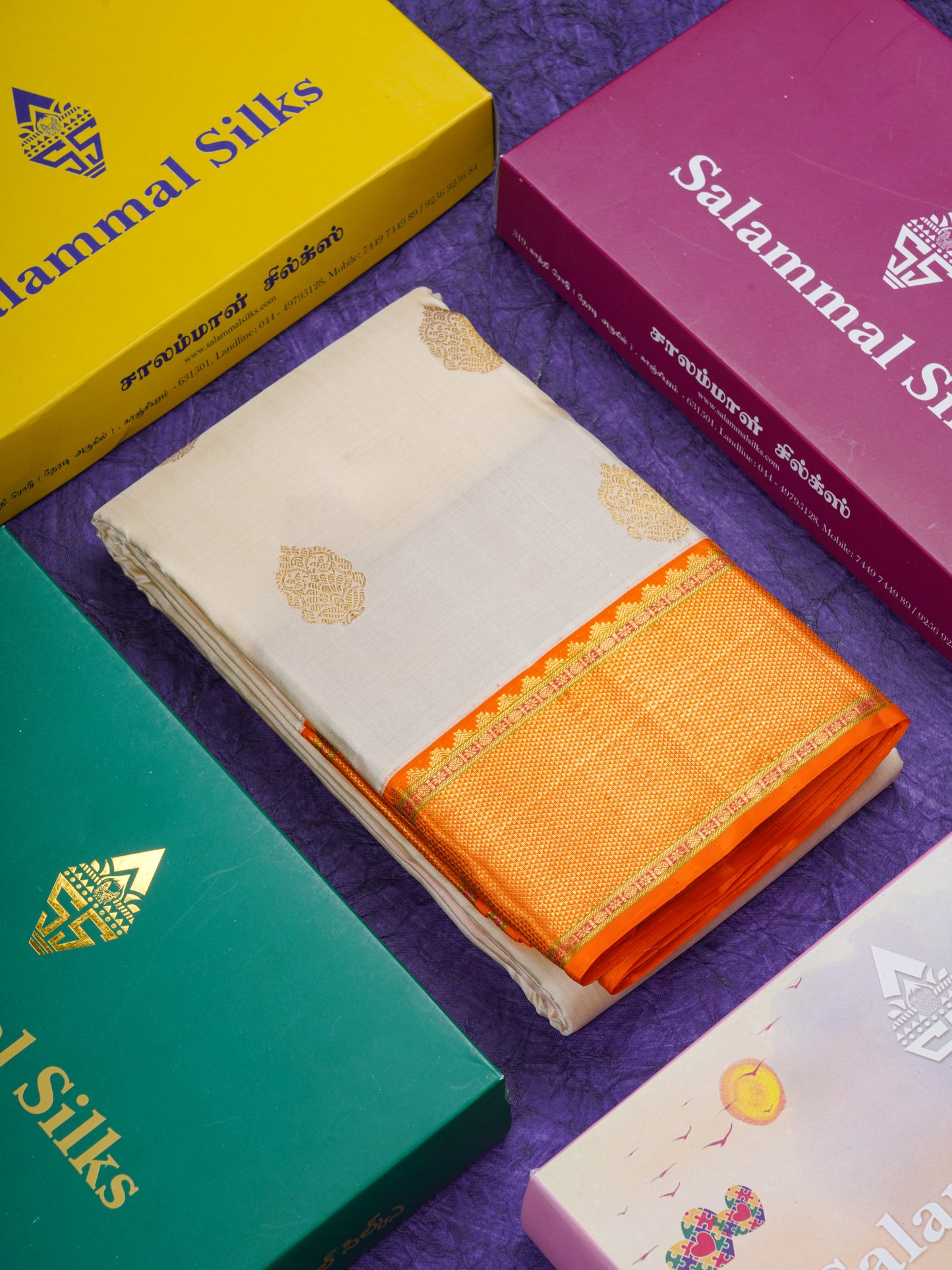 Half White Pure Kanjivaram Silk Saree With Contrast Orange Traditional Border