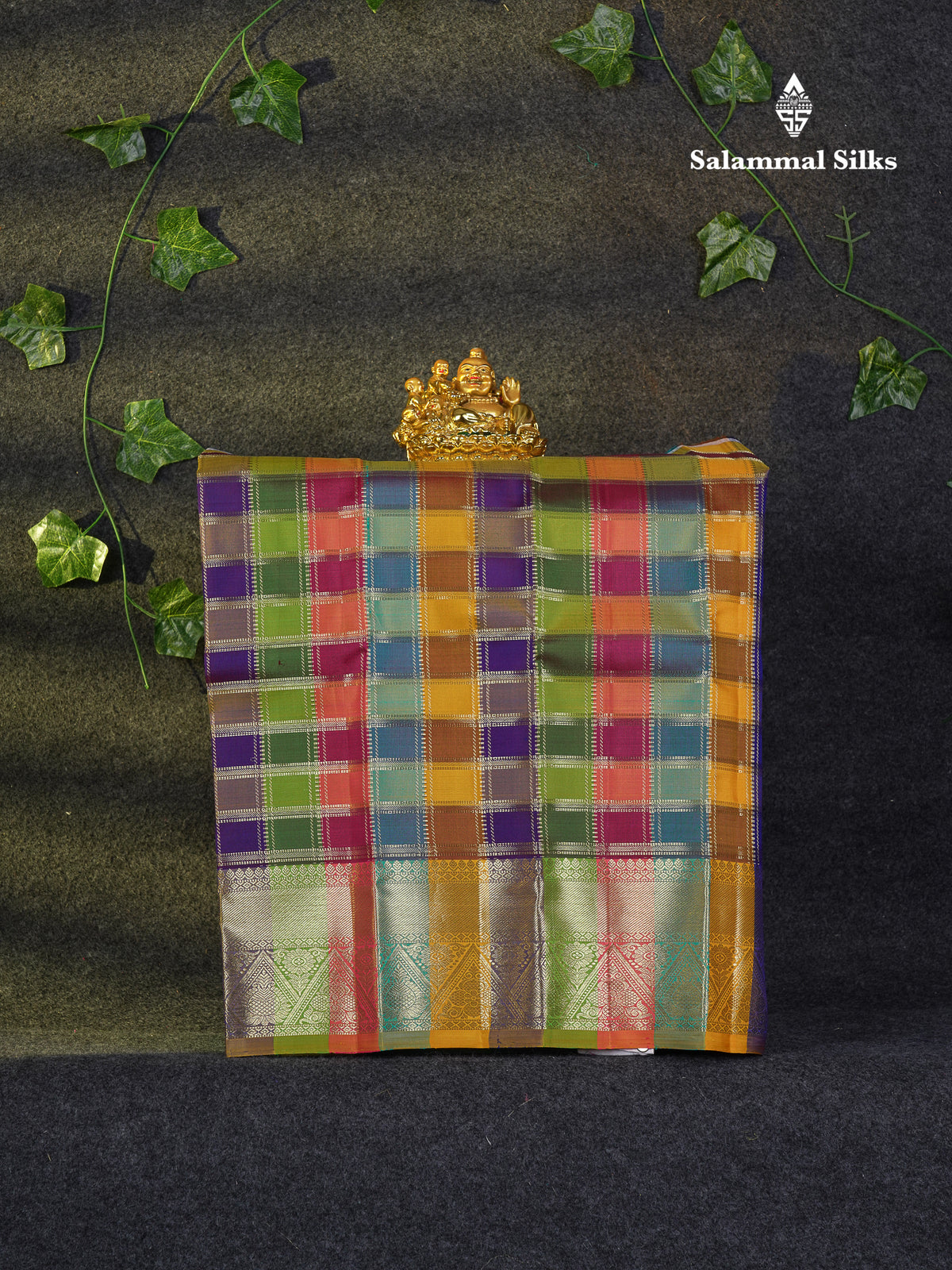 Beautiful Pure Silk Pattu Pavadai Checks (Multicolour) With Contrast Sapphire Green Blouse 18"