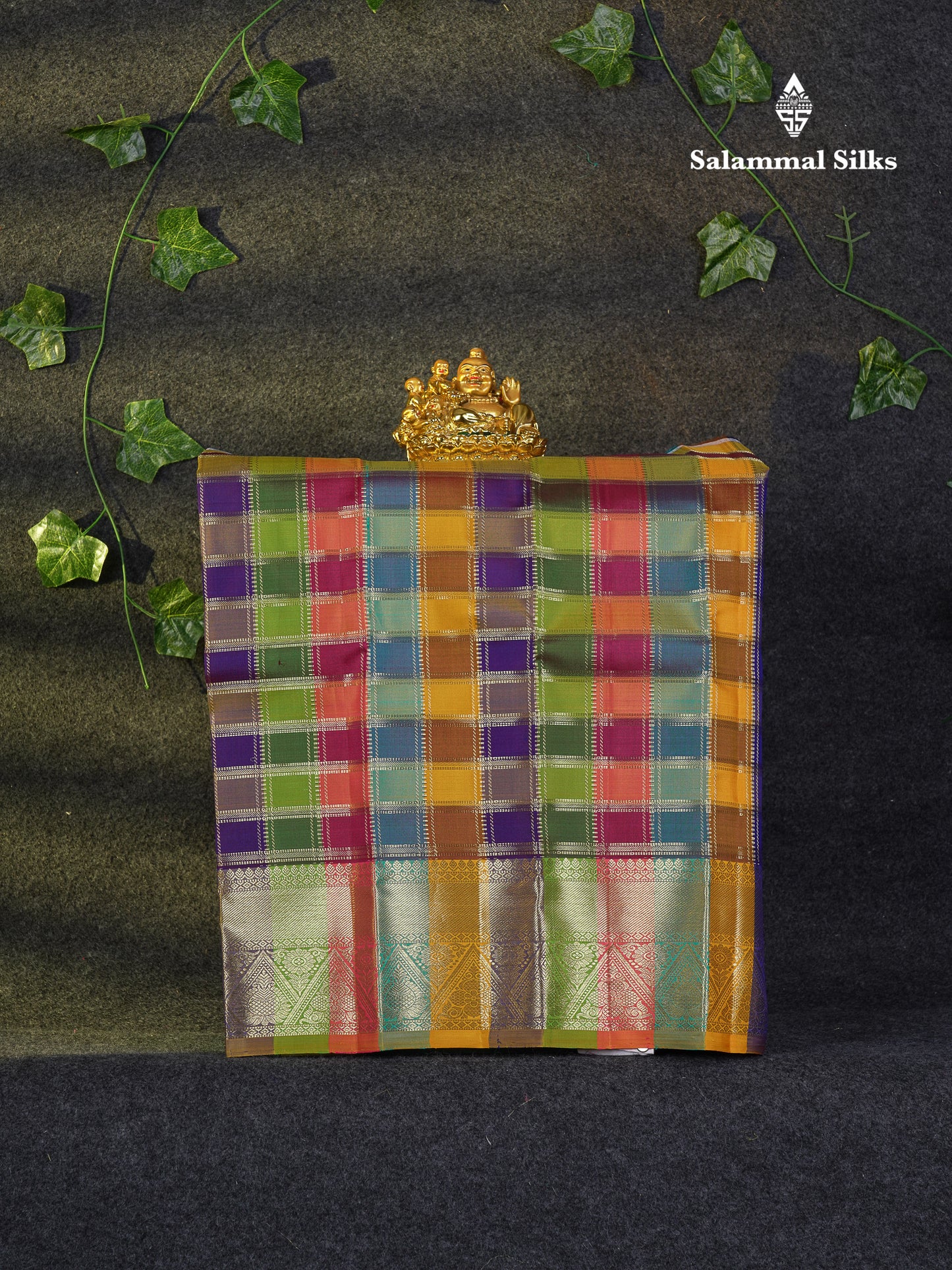 Beautiful Pure Silk Pattu Pavadai Checks (Multicolour) With Contrast Sapphire Green Blouse 18"