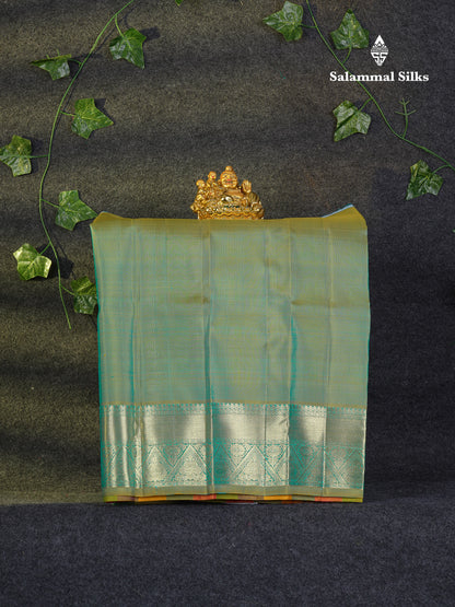 Beautiful Pure Silk Pattu Pavadai Checks (Multicolour) With Contrast Sapphire Green Blouse 18"