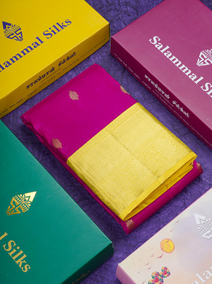Magenta Pink Pure Kanjivaram Silk Saree With Contrast Lemon Yellow Traditional Border