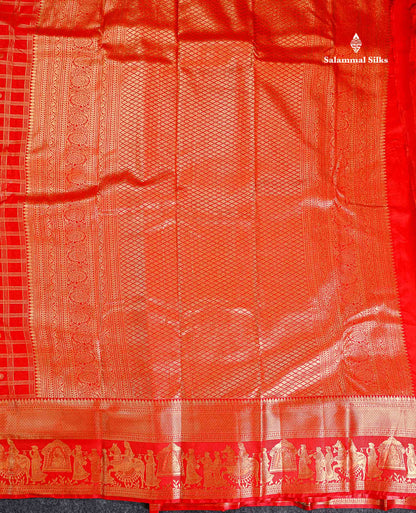 Semi Silk Saree - Chilly Red Checks With Traditional Buttas Along With Evening Morning Pallakku Border