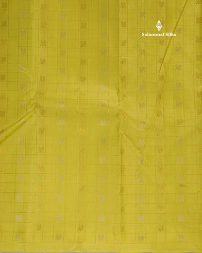 Lemon Yellow Zari Small Checks Pure Kanjivaram Silk Saree with Contrast Blouse