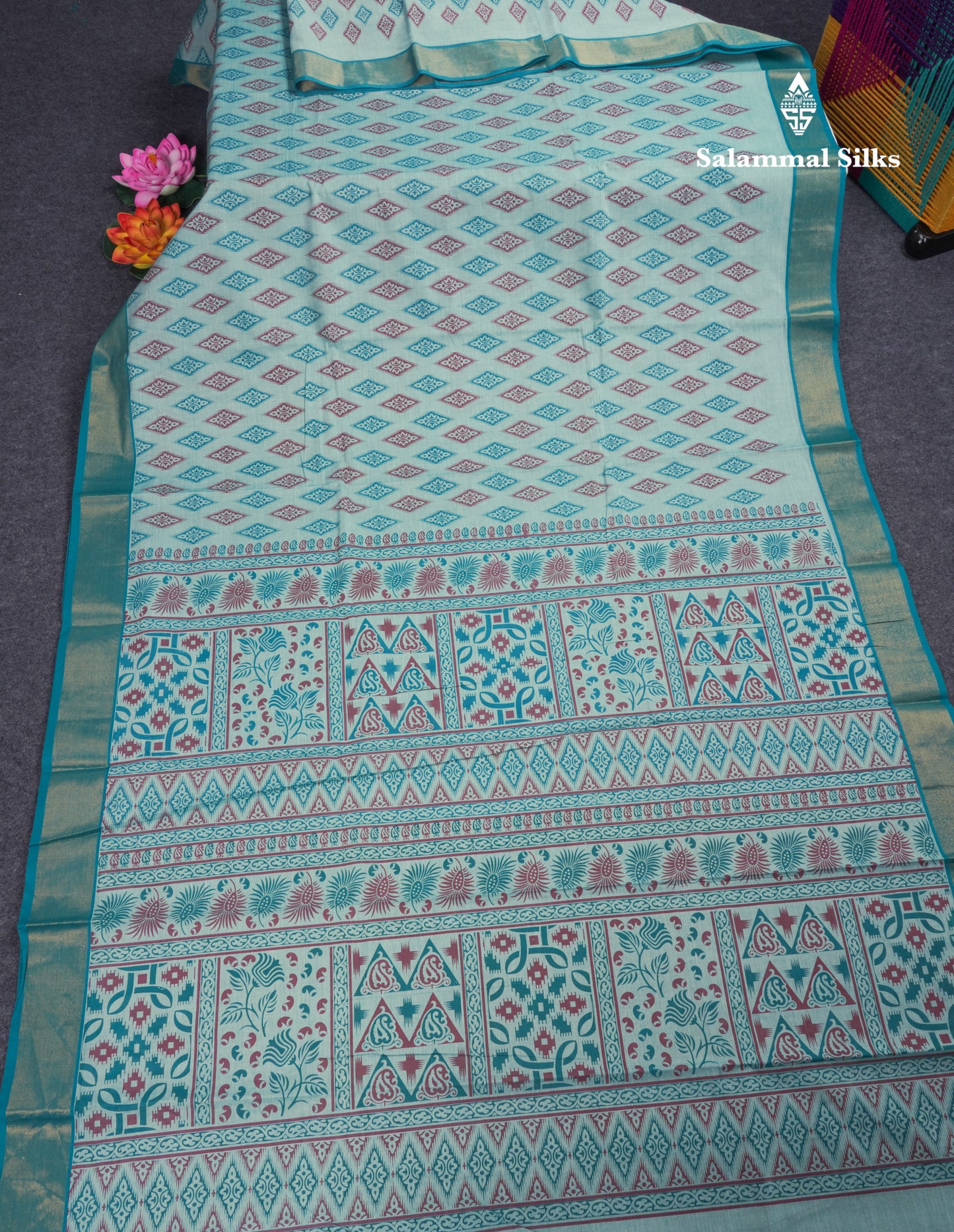 Pastel Blue Colour Printed Pure Cotton Saree With Ribbon Border
